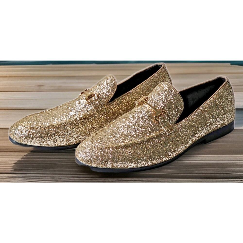 Bravo! Men's Prom-2 Dress Shoes Loafers Gold Glitter Wedding Formal Party 12M